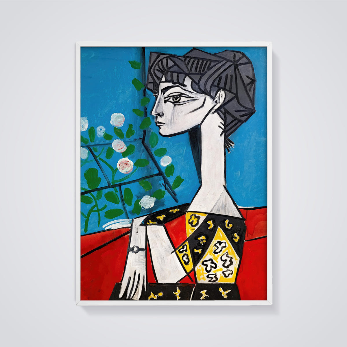 Cubist Woman with Flowers Print framed in white on a grey background