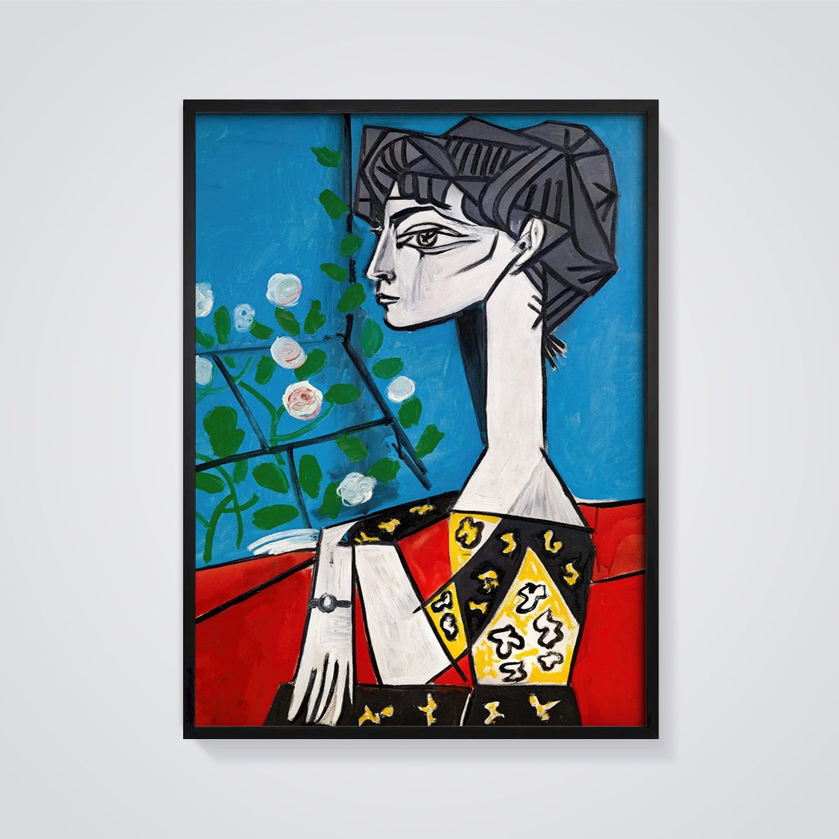 Cubist Woman with Flowers Print framed in black on a grey background