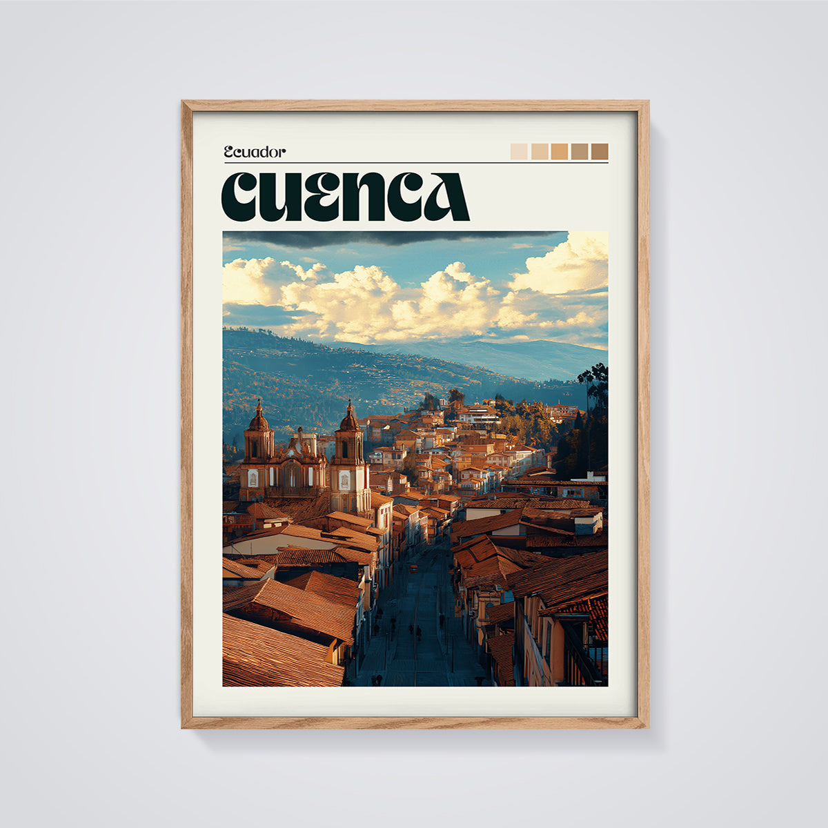 Cuenca Ecuador Cityscape Print framed in oak on a grey background