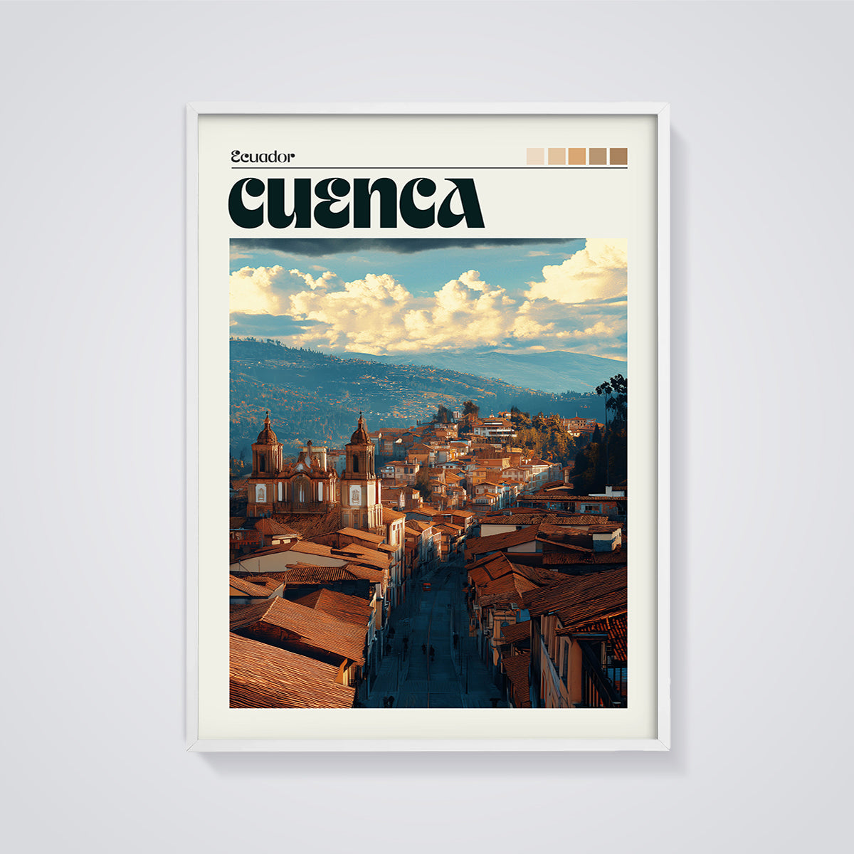 Cuenca Ecuador Cityscape Print framed in white on a grey background