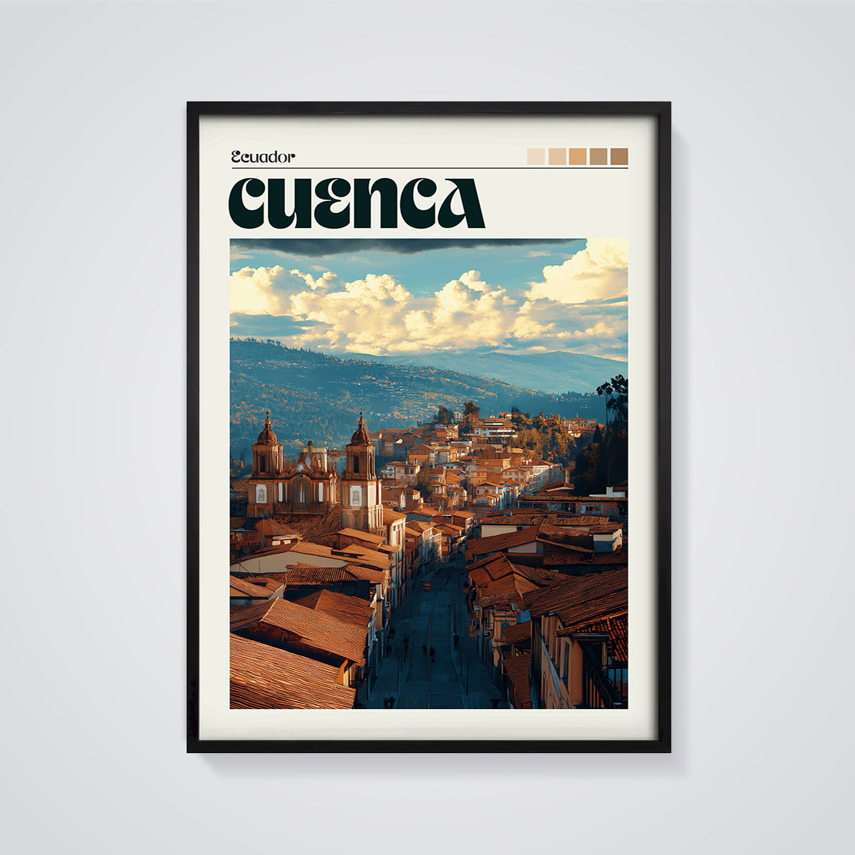 Cuenca Ecuador Cityscape Print framed in black on a grey background