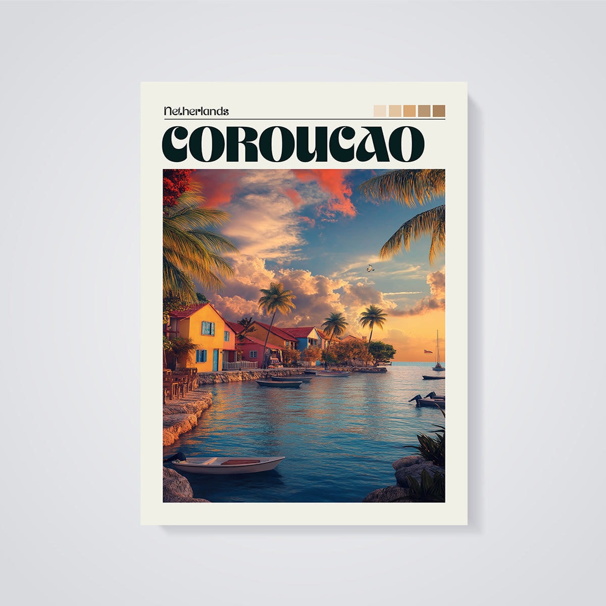 Curacao Coastal Village Print unframed on a grey background