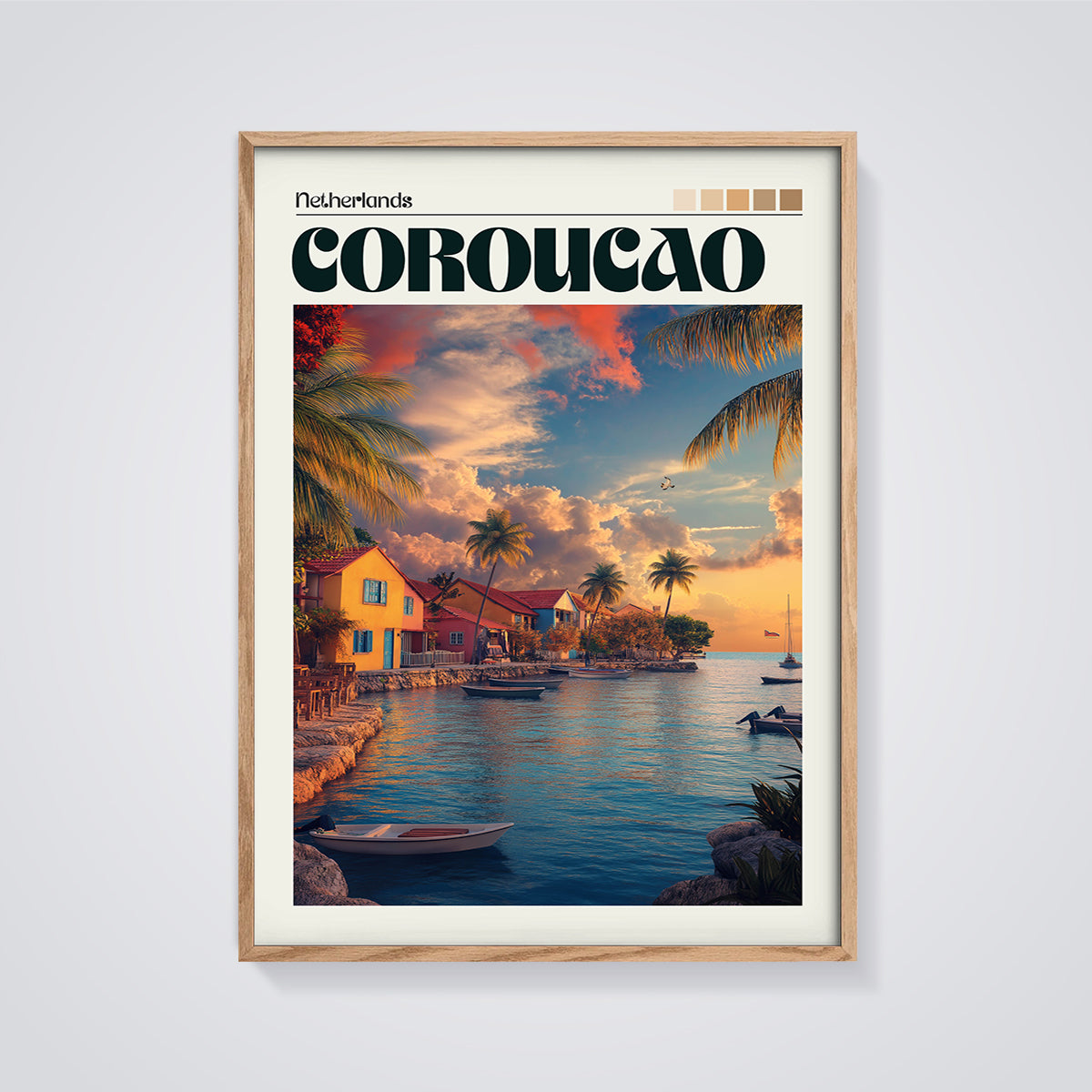 Curacao Coastal Village Print framed in oak on a grey background