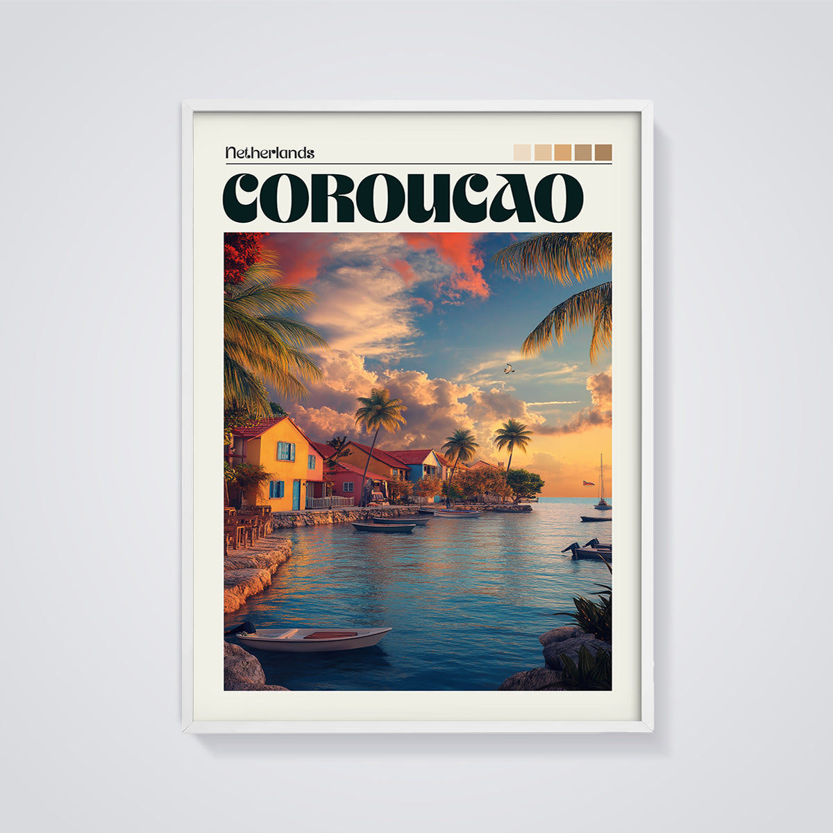 Curacao Coastal Village Print framed in white on a grey background