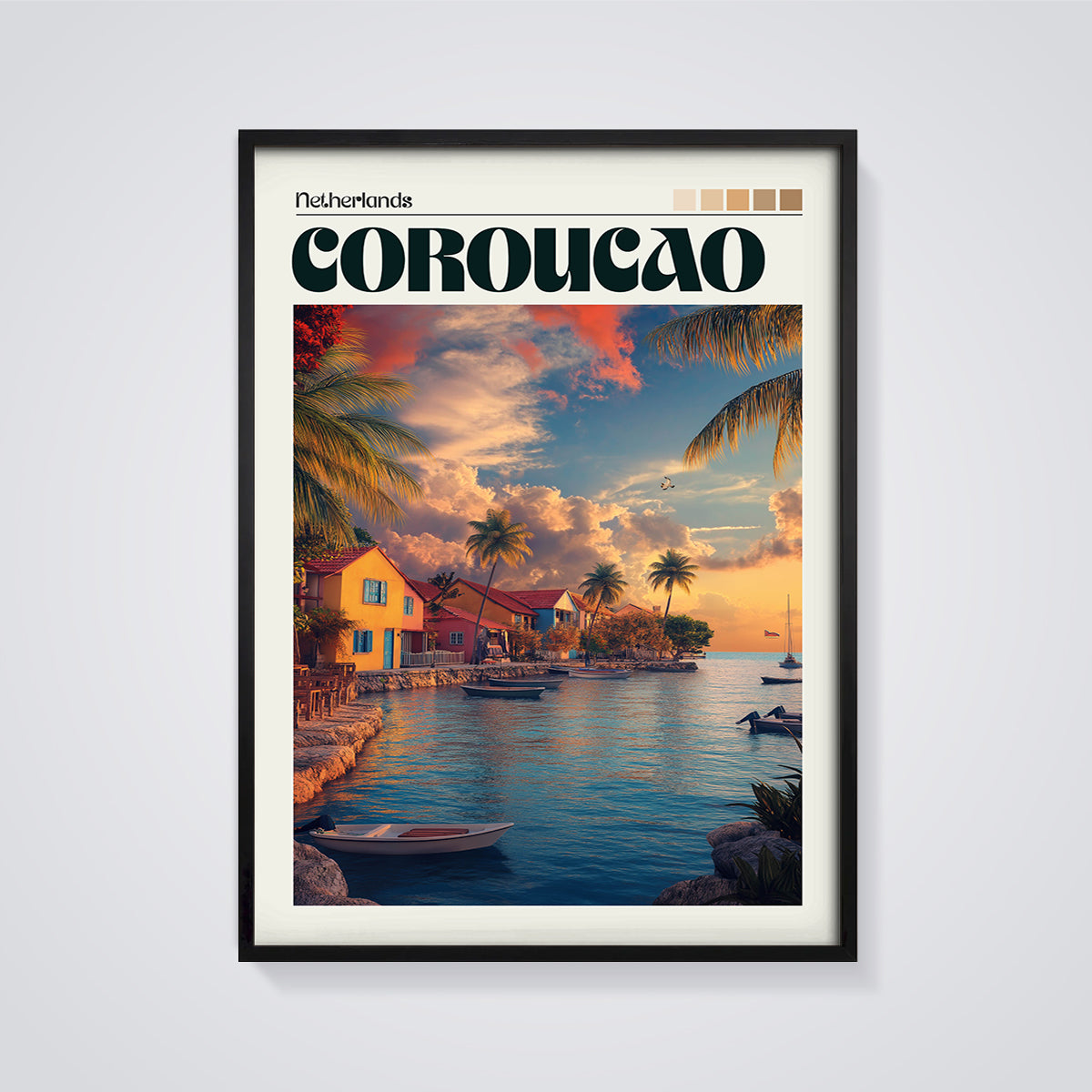 Curacao Coastal Village Print framed in black on a grey background