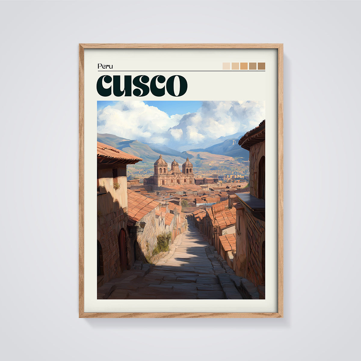 Cusco City View Print framed in oak on a grey background