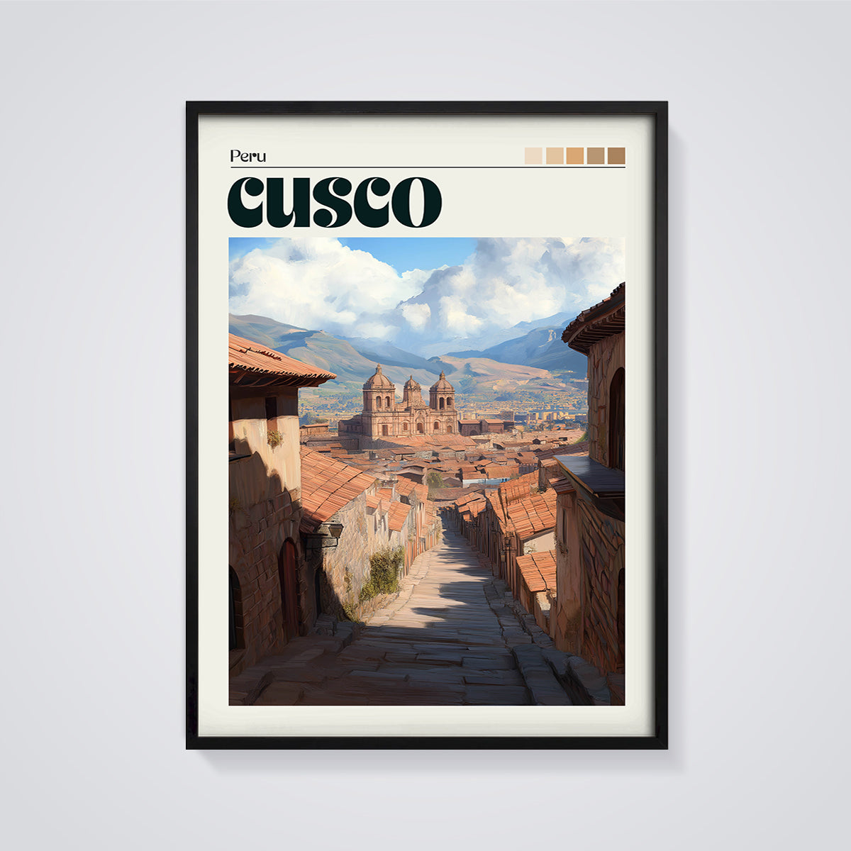 Cusco City View Print framed in black on a grey background