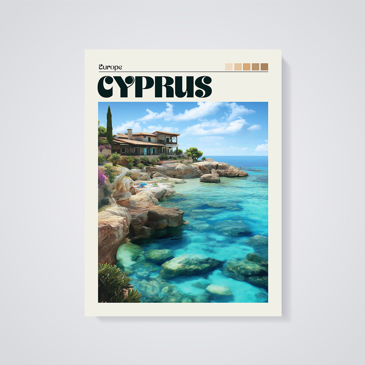 Cyprus Coastal Villa Print unframed on a grey background