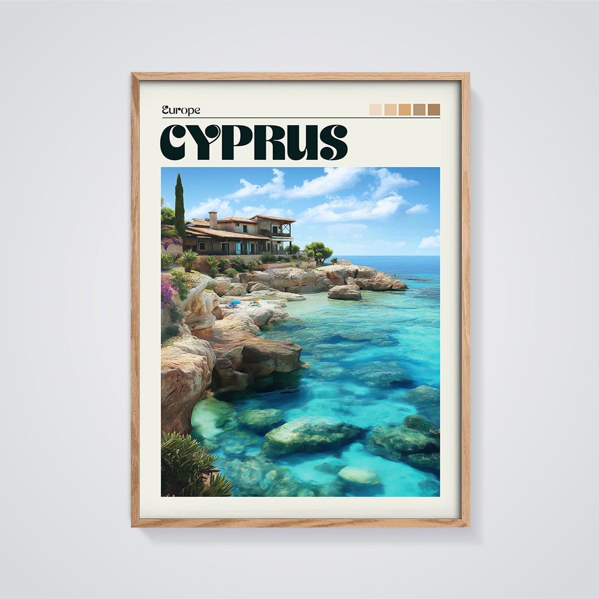 Cyprus Coastal Villa Print framed in oak on a grey background