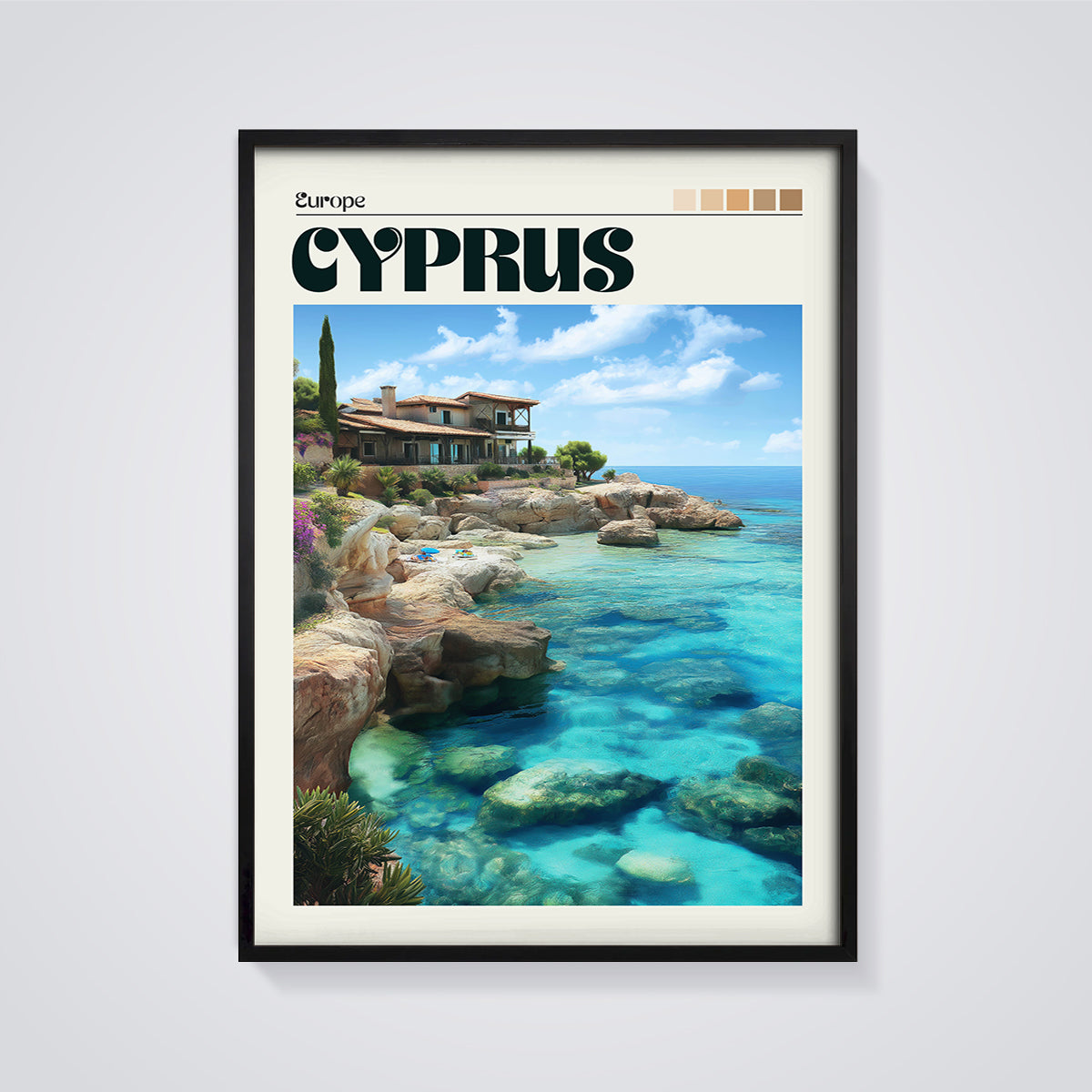 Cyprus Coastal Villa Print framed in black on a grey background