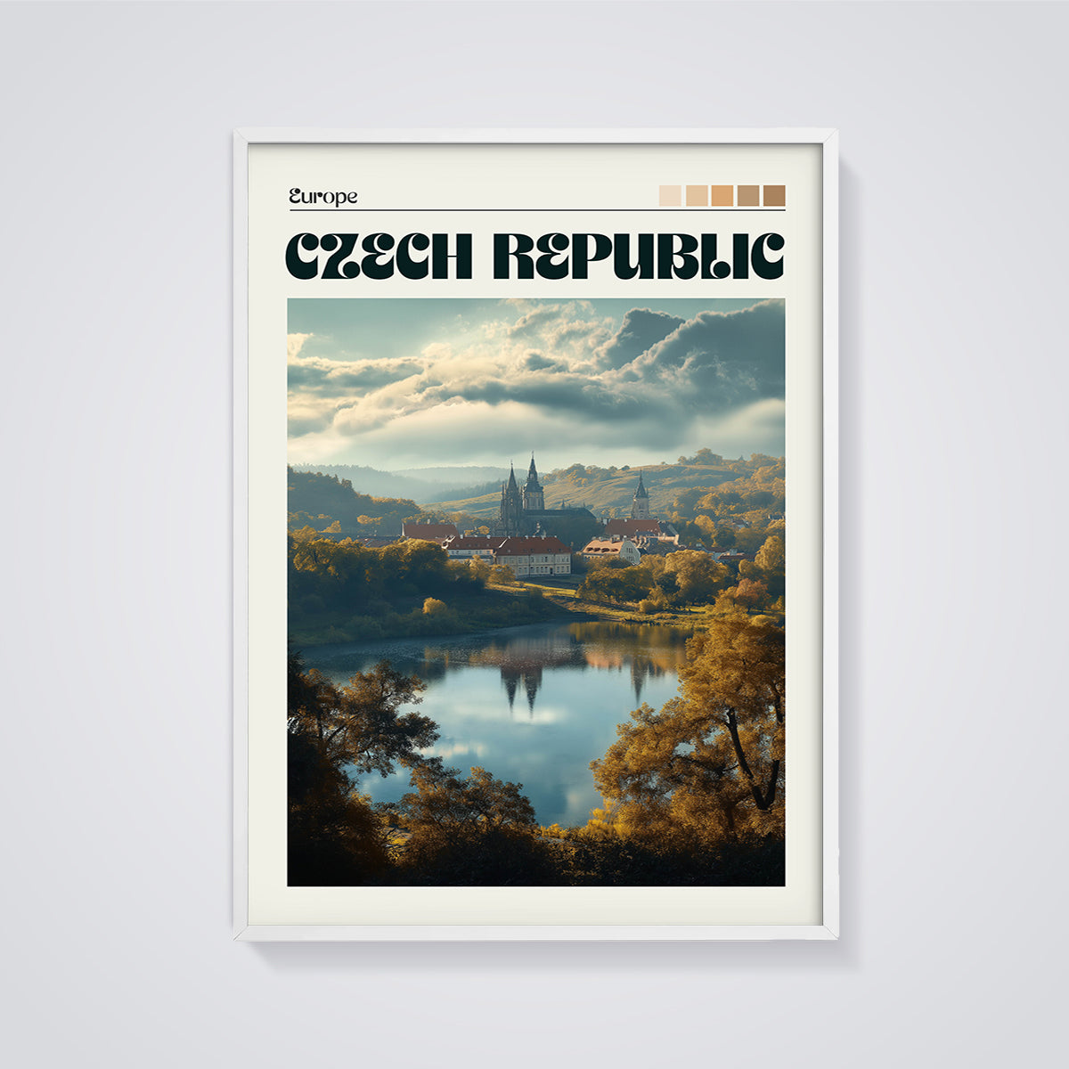 Czech Republic Cathedral Landscape Print framed in white on a grey background