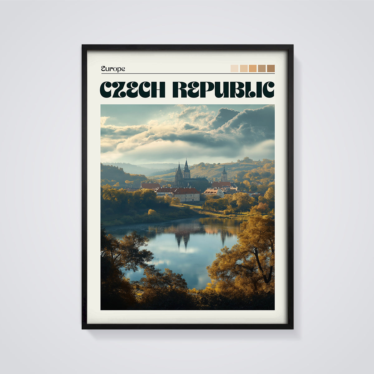 Czech Republic Cathedral Landscape Print framed in black on a grey background