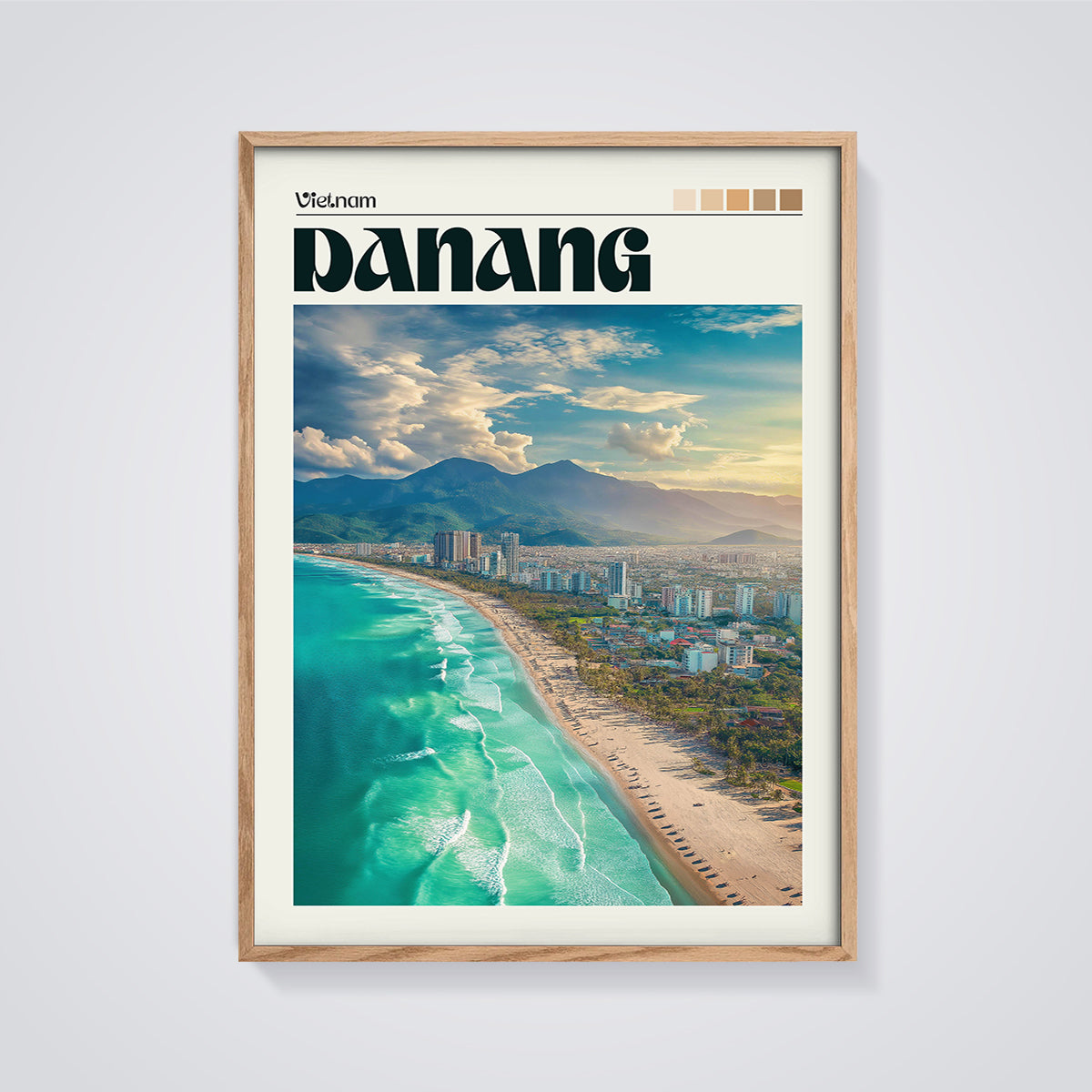 Da Nang Coastal City Print framed in oak on a grey background