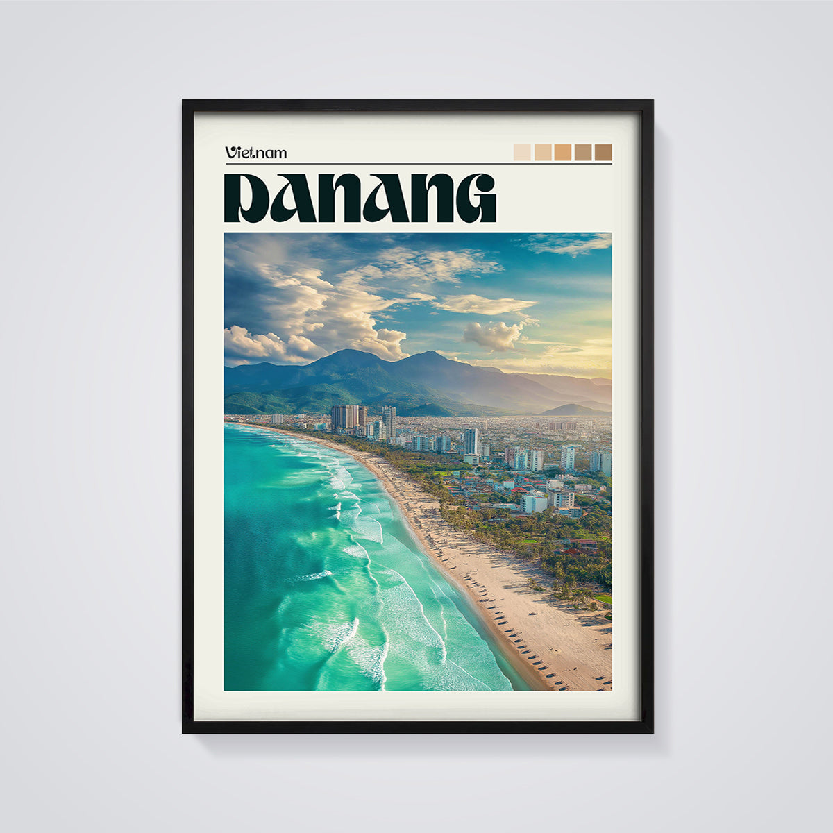 Da Nang Coastal City Print framed in black on a grey background