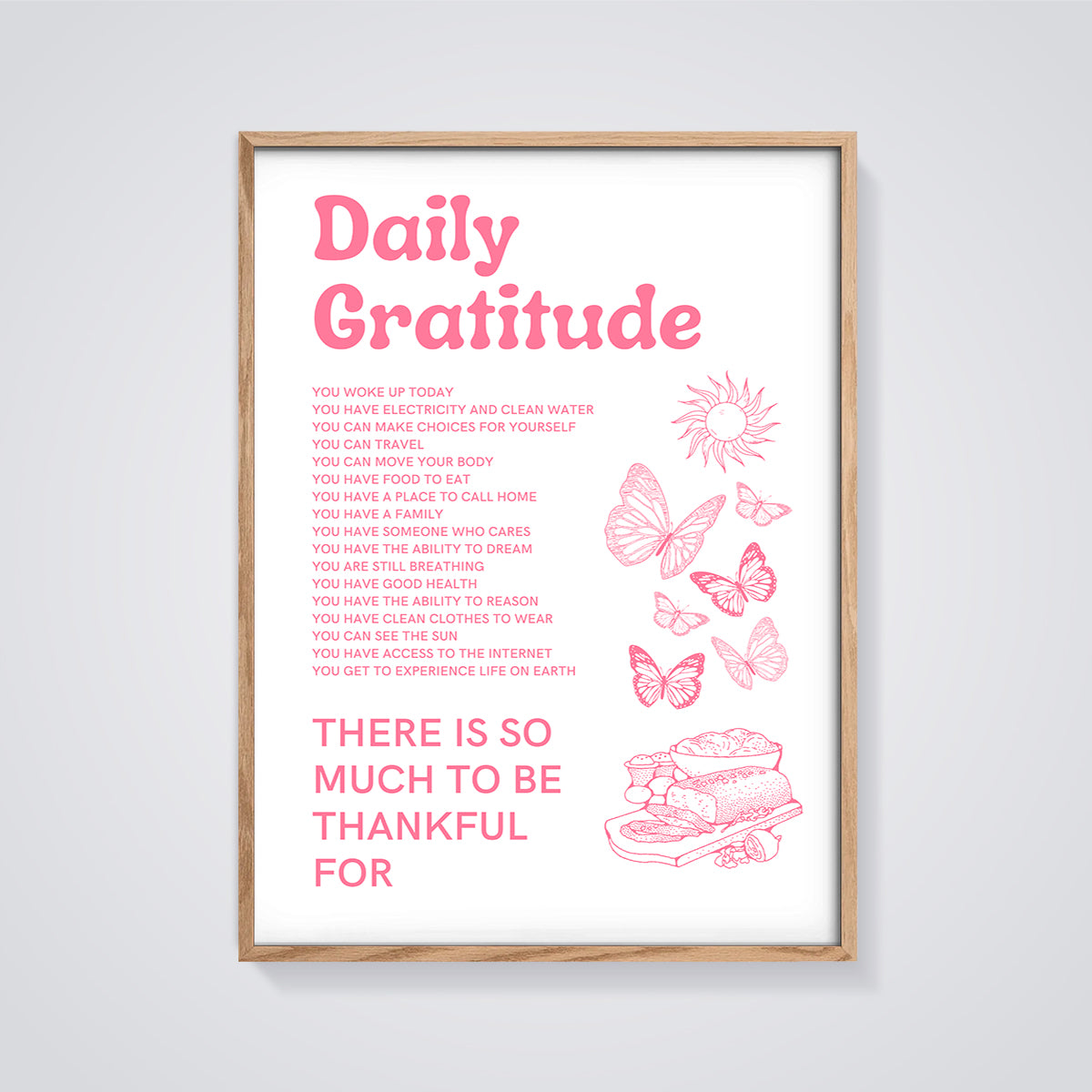 Daily Gratitude Affirmation Print framed in oak on a grey background