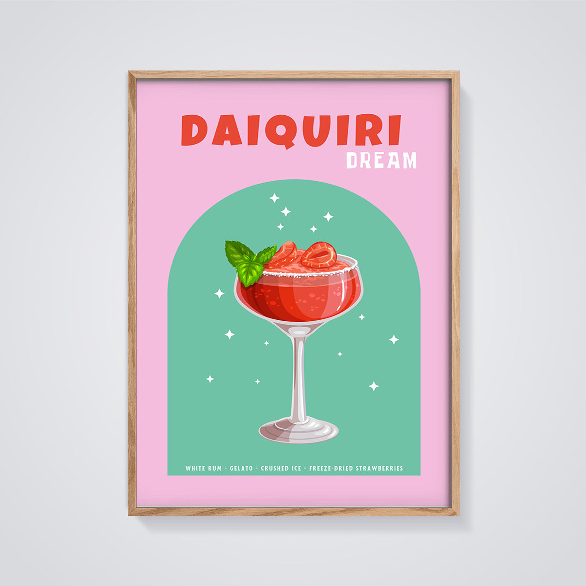 Daiquiri Dream Cocktail Print framed in oak on a grey background