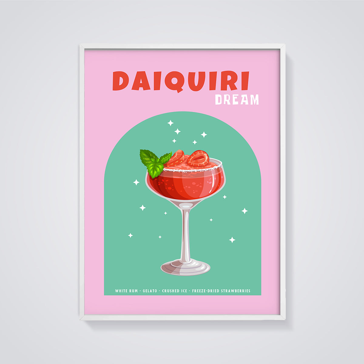 Daiquiri Dream Cocktail Print framed in white on a grey background