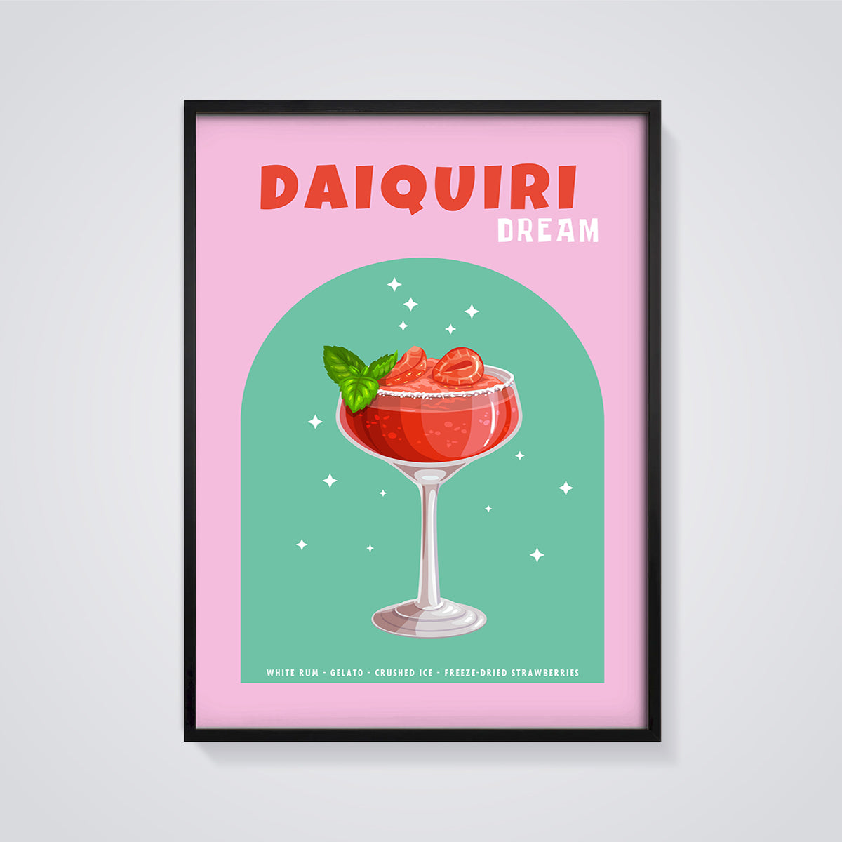 Daiquiri Dream Cocktail Print framed in black on a grey background