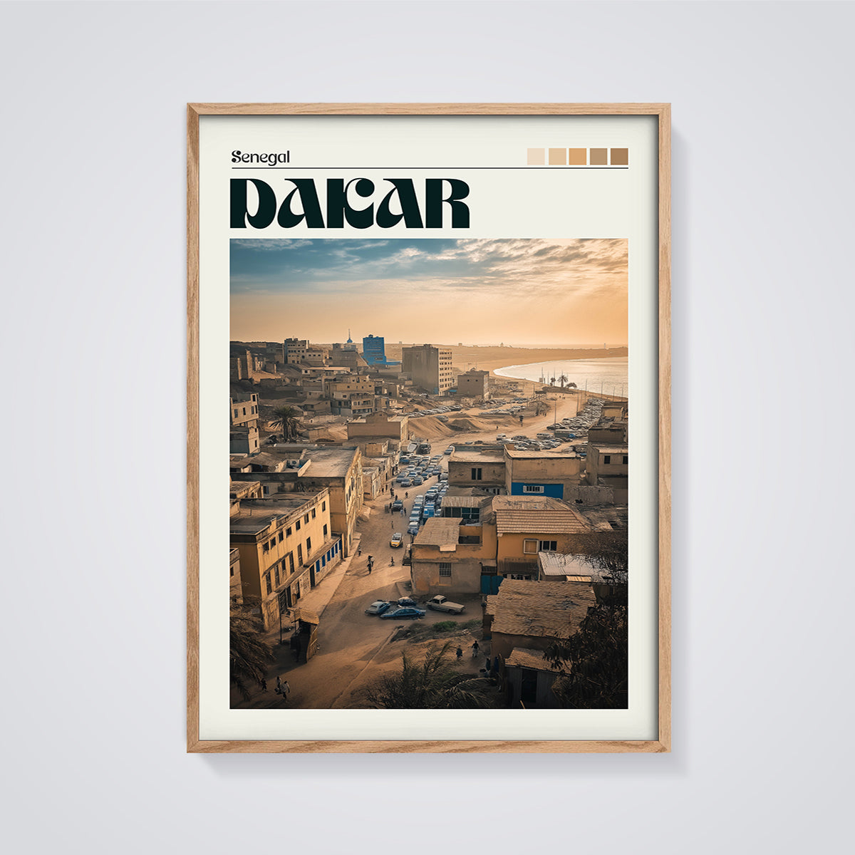 Dakar, Senegal Cityscape Print framed in oak on a grey background