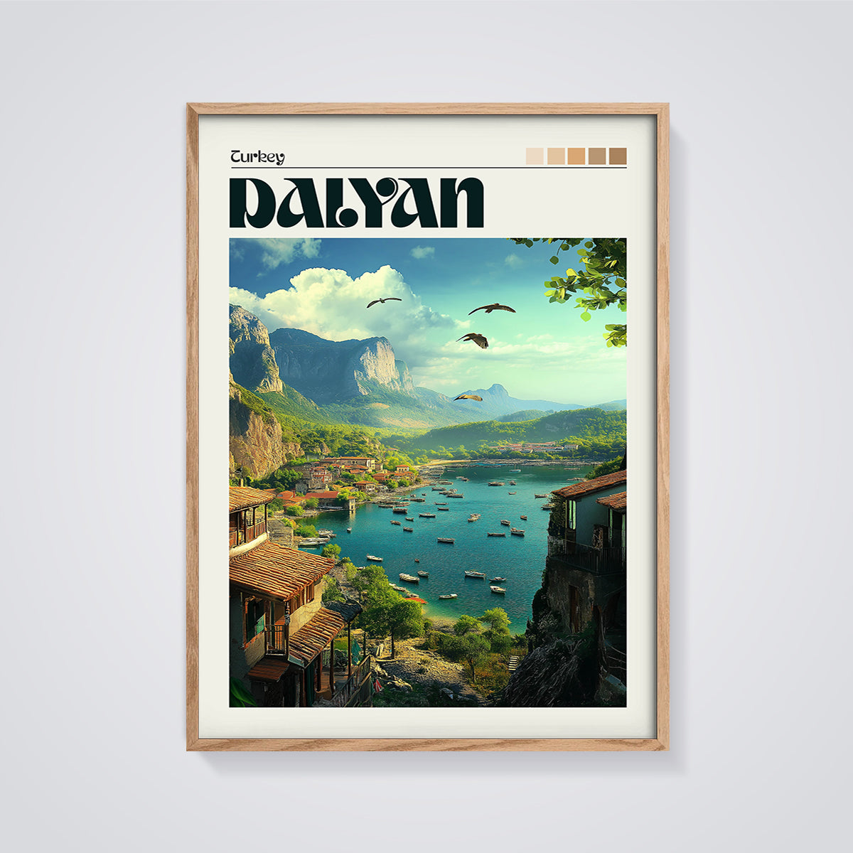Dalyan Coastal Bay Print framed in oak on a grey background