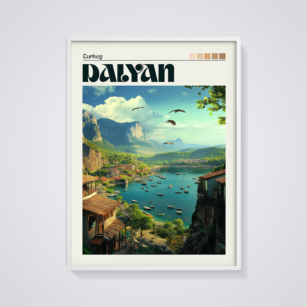 Dalyan Coastal Bay Print framed in white on a grey background