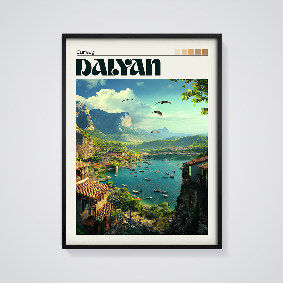Dalyan Coastal Bay Print framed in black on a grey background