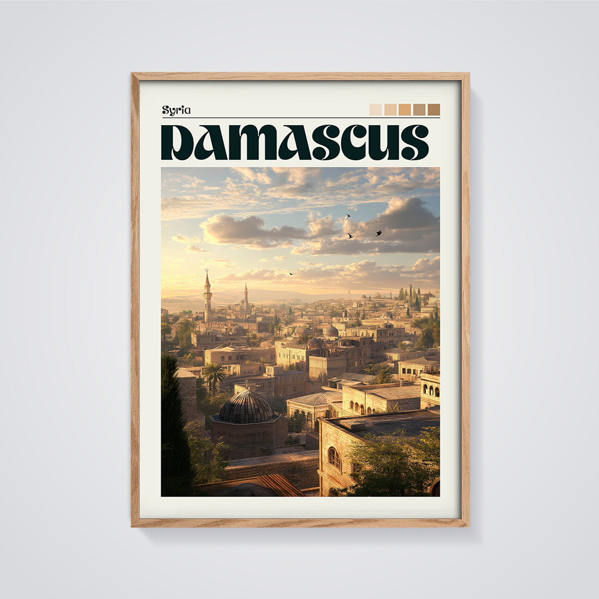 Damascus Syria Cityscape Print framed in oak on a grey background