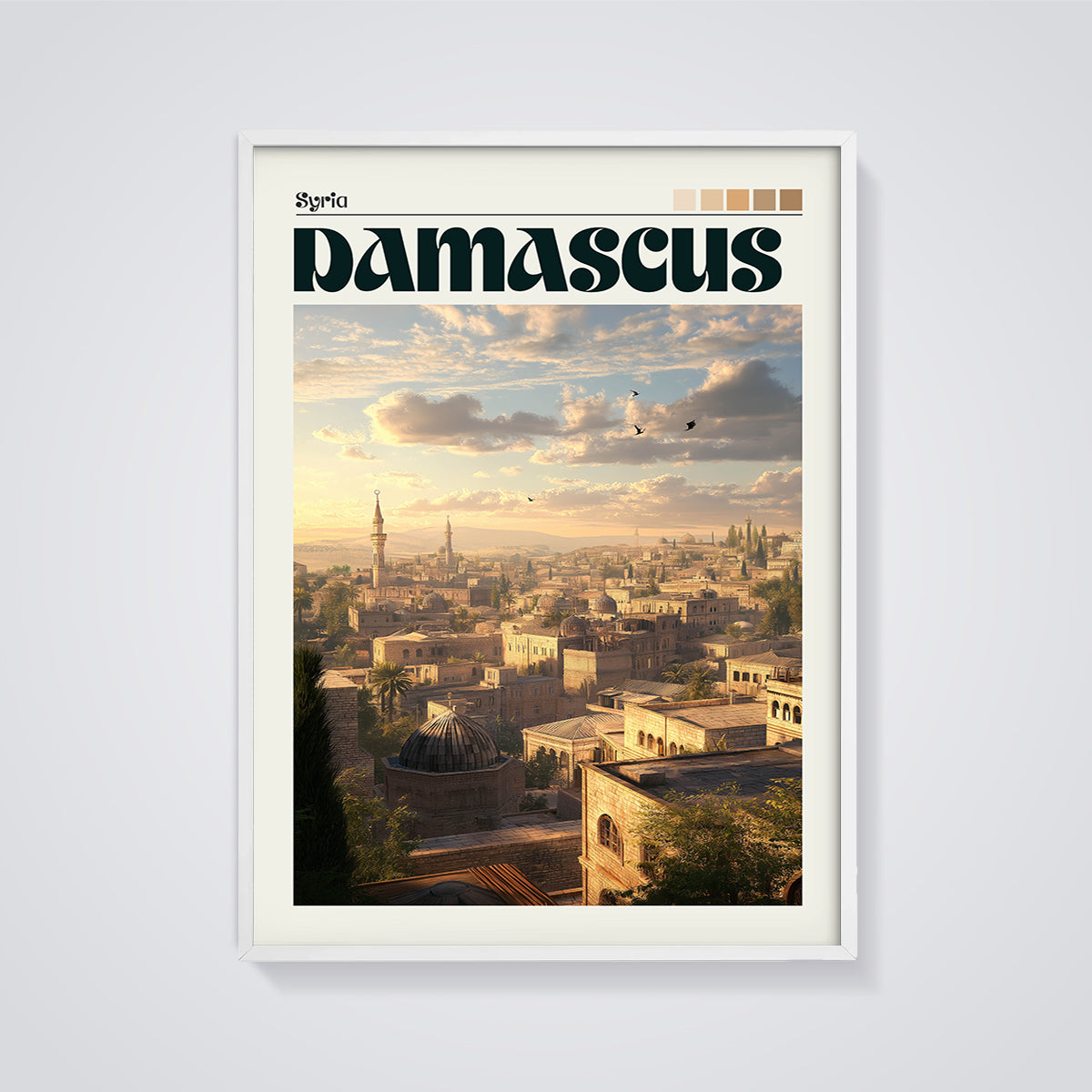 Damascus Syria Cityscape Print framed in white on a grey background