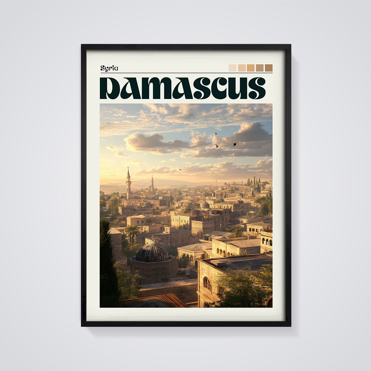 Damascus Syria Cityscape Print framed in black on a grey background