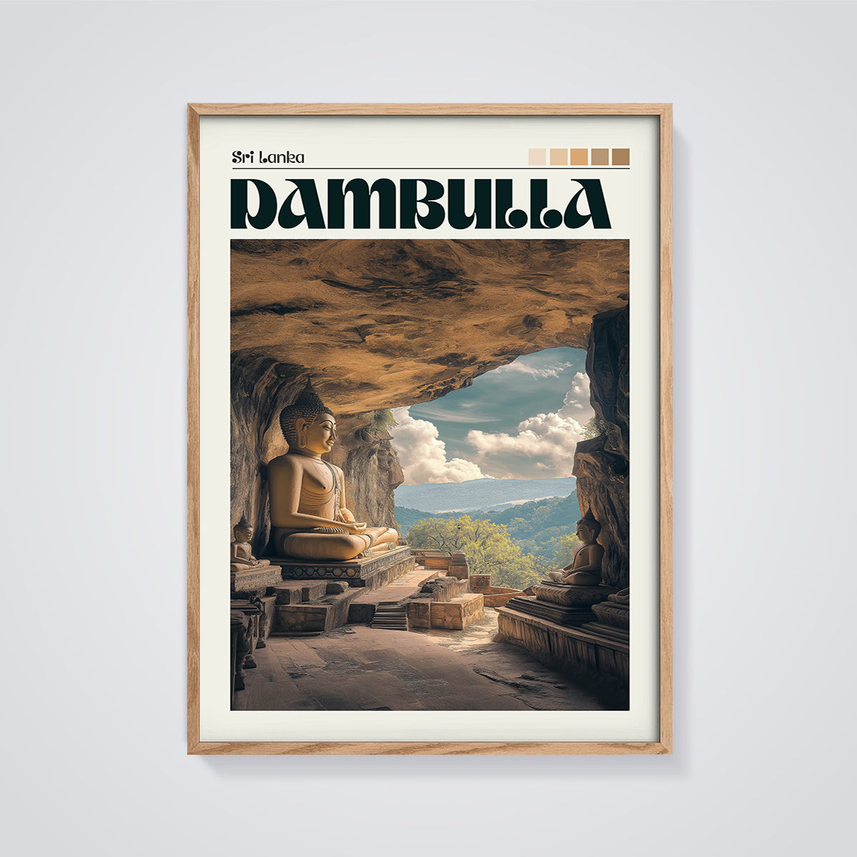 Dambulla Cave Temple Buddha Print framed in oak on a grey background