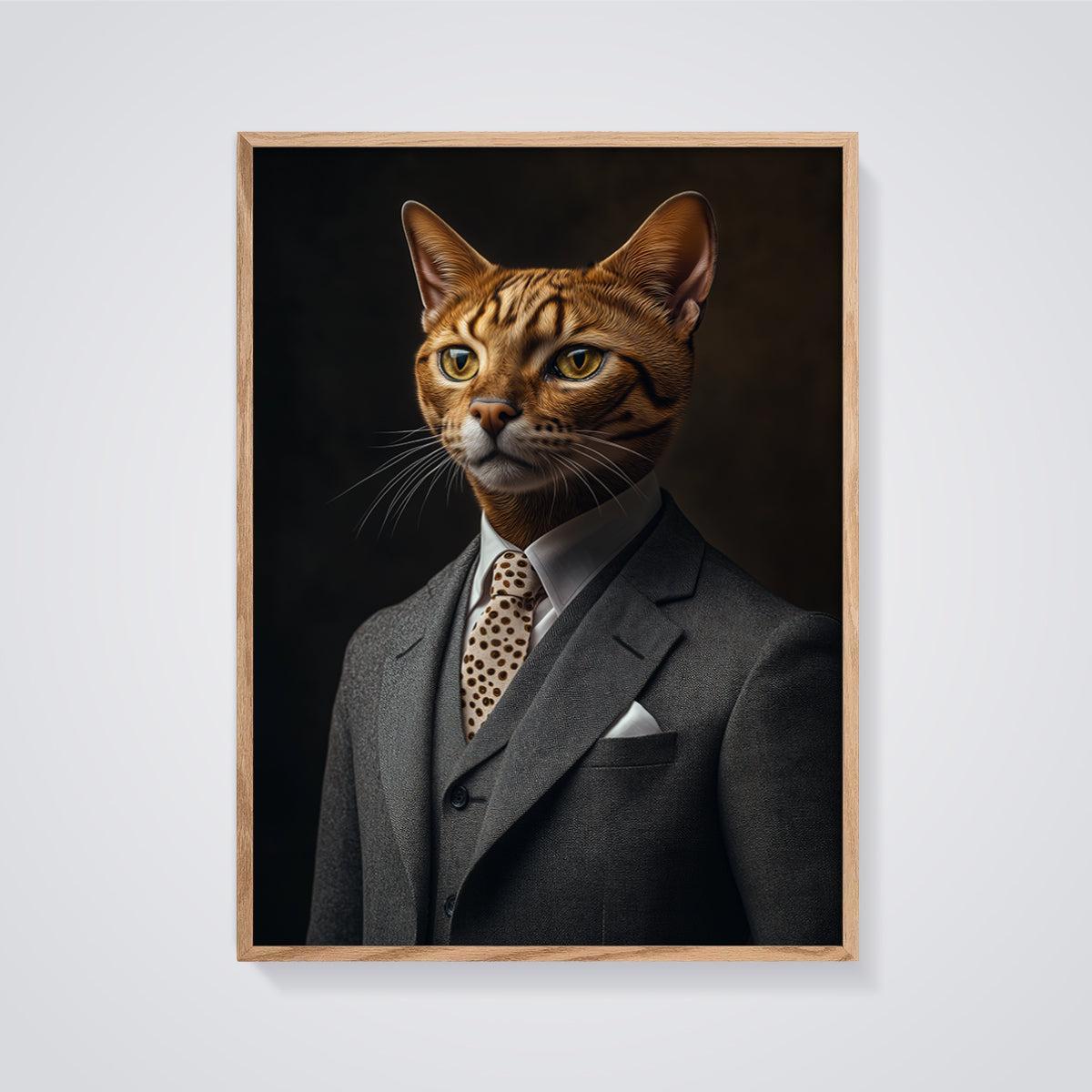Dapper Bengal Cat Print Aesthetic framed in oak on a grey background