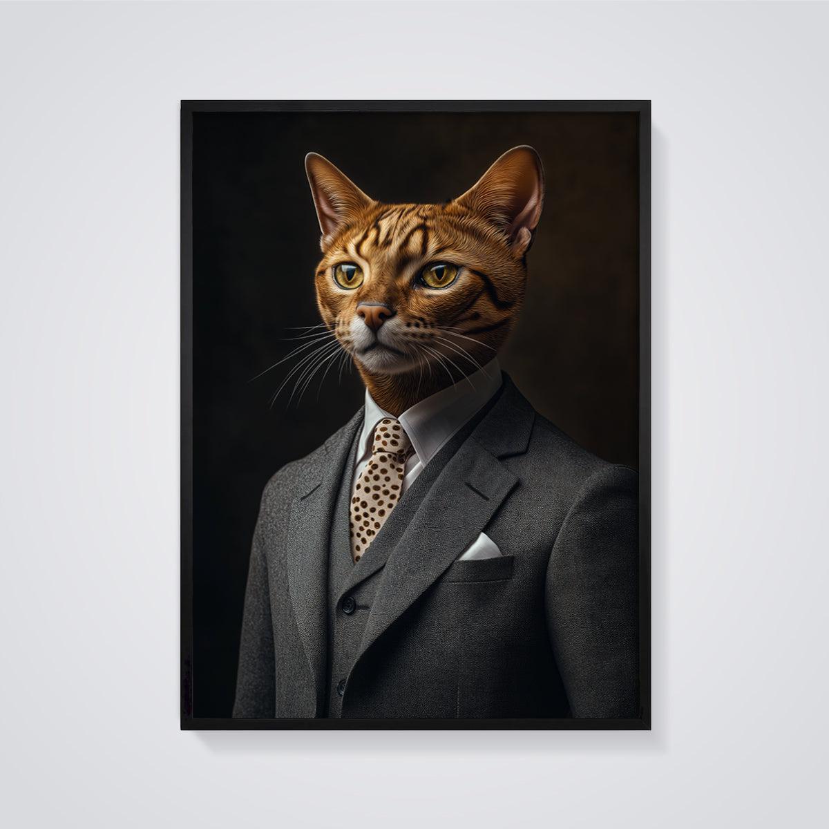 Dapper Bengal Cat Print Aesthetic framed in black on a grey background