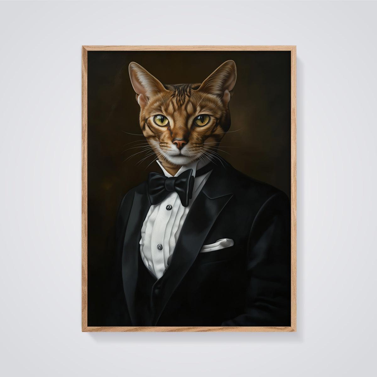 Dapper Bengal Cat Print Poster framed in oak on a grey background