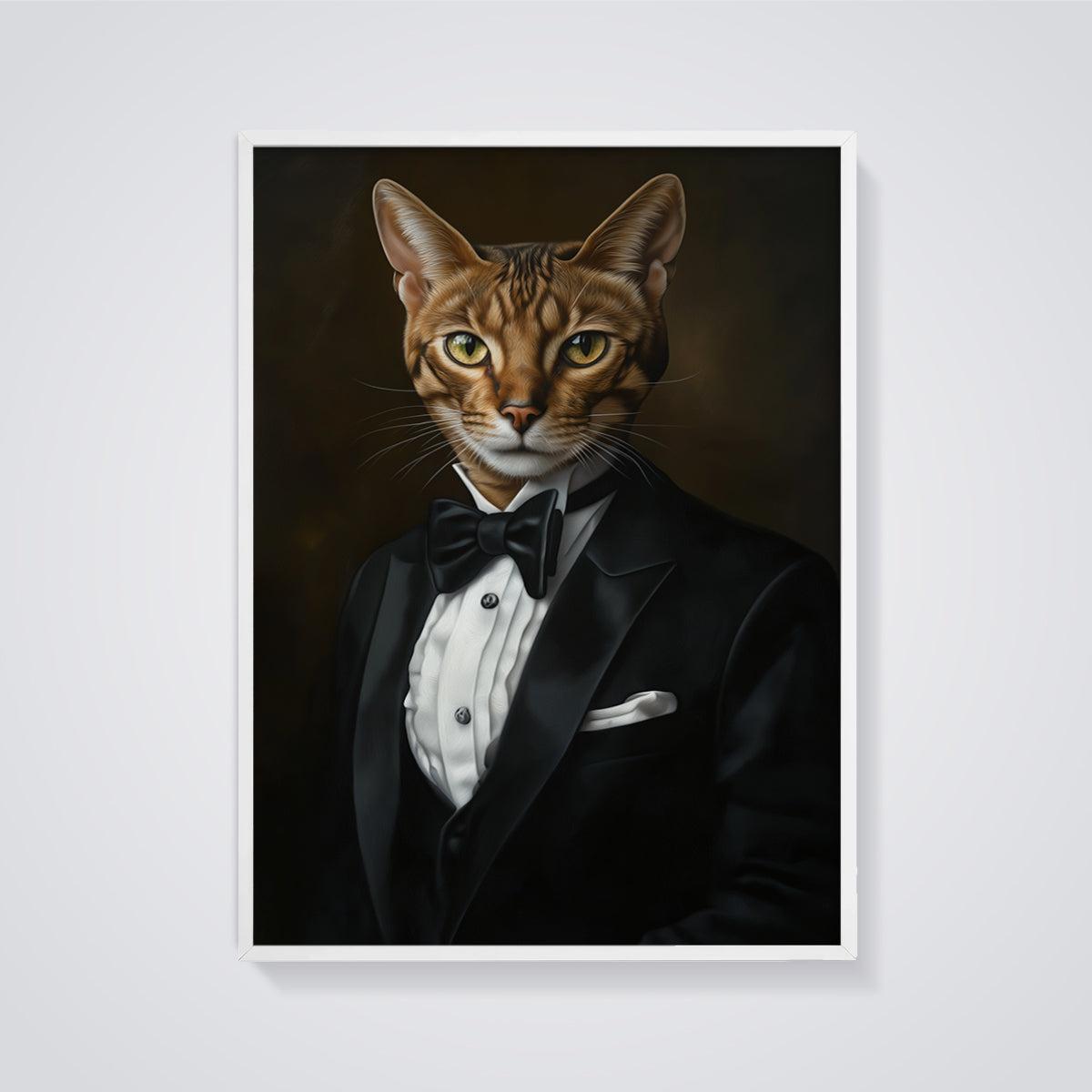 Dapper Bengal Cat Print Poster framed in white on a grey background