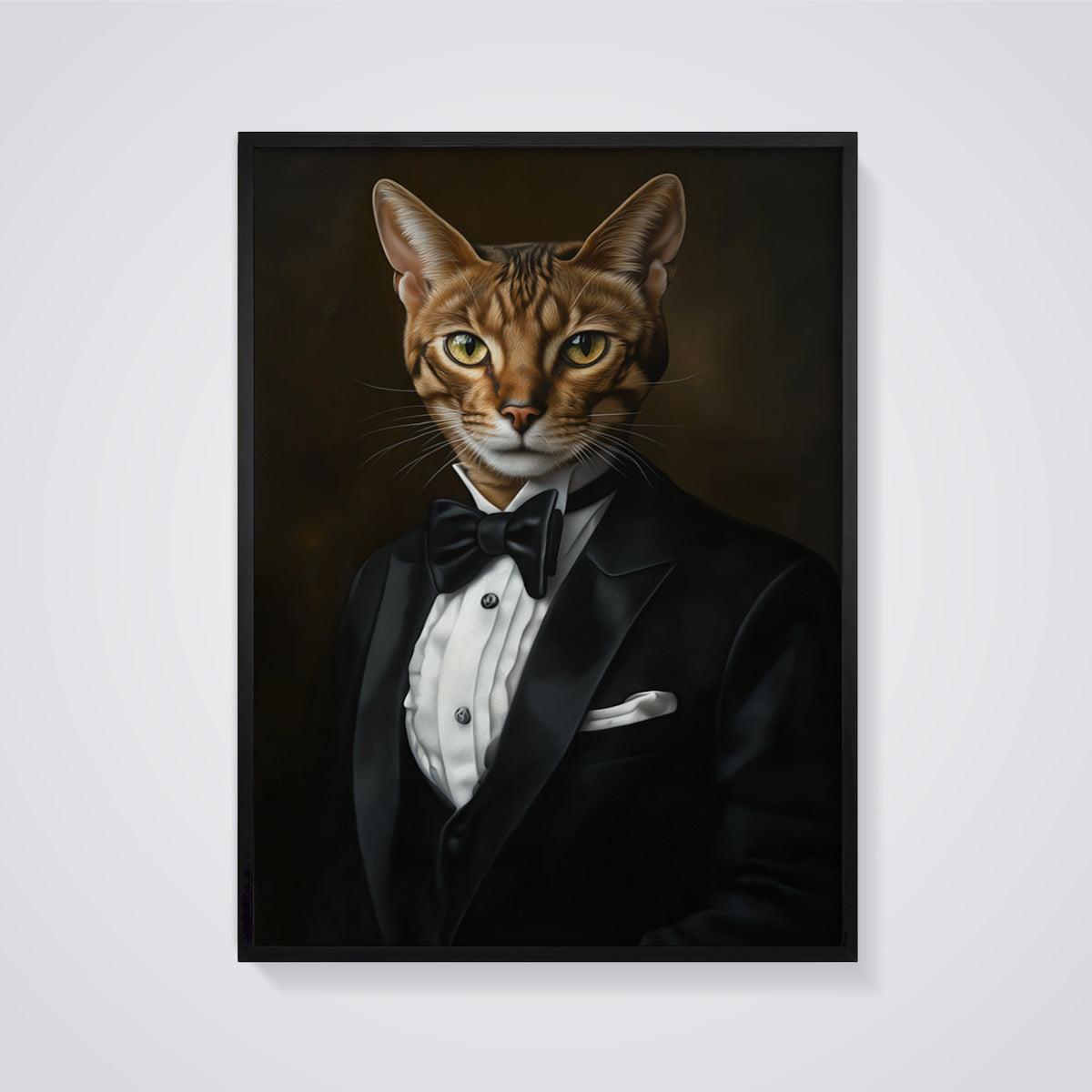 Dapper Bengal Cat Print Poster framed in black on a grey background