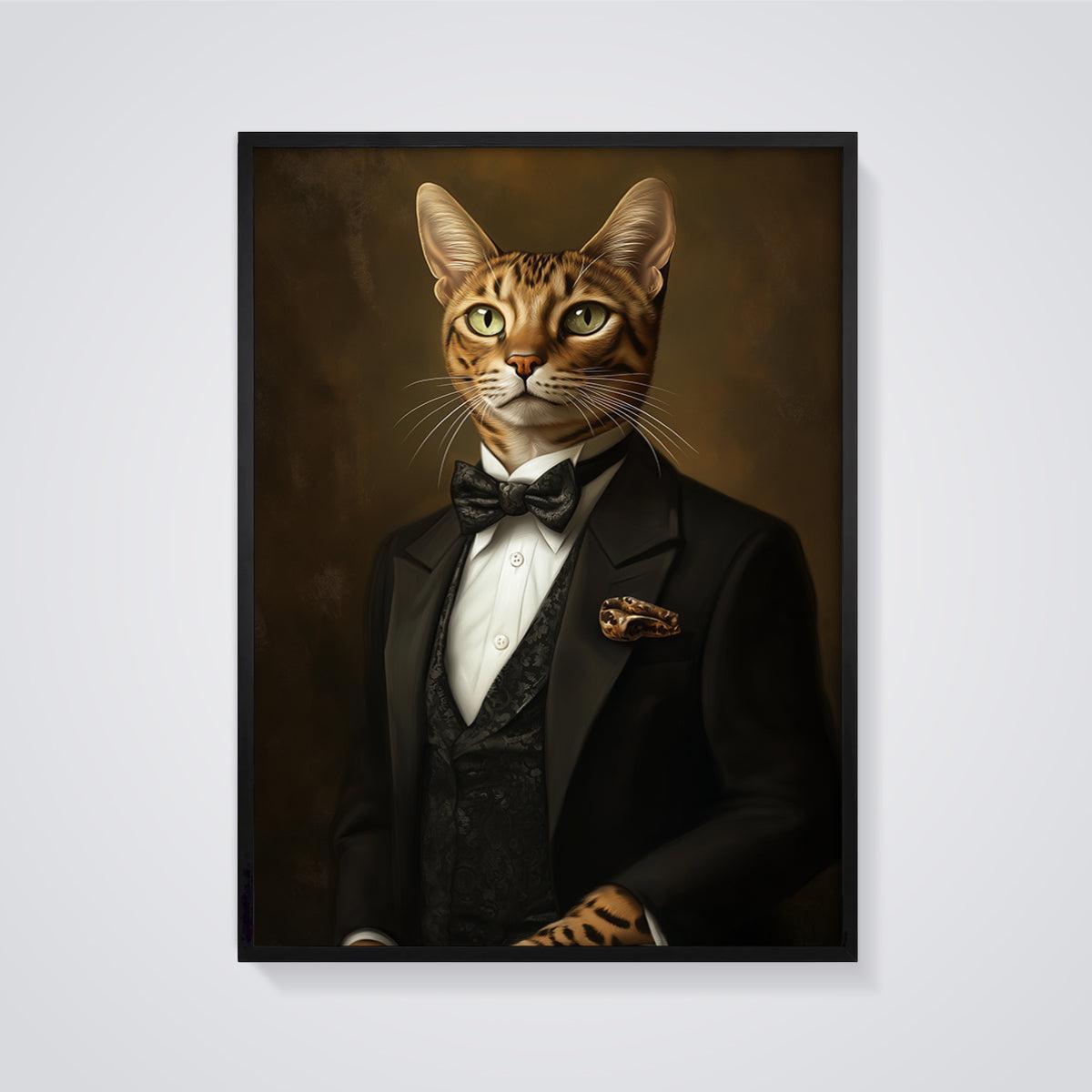 Dapper Bengal Cat Print framed in black on a grey background