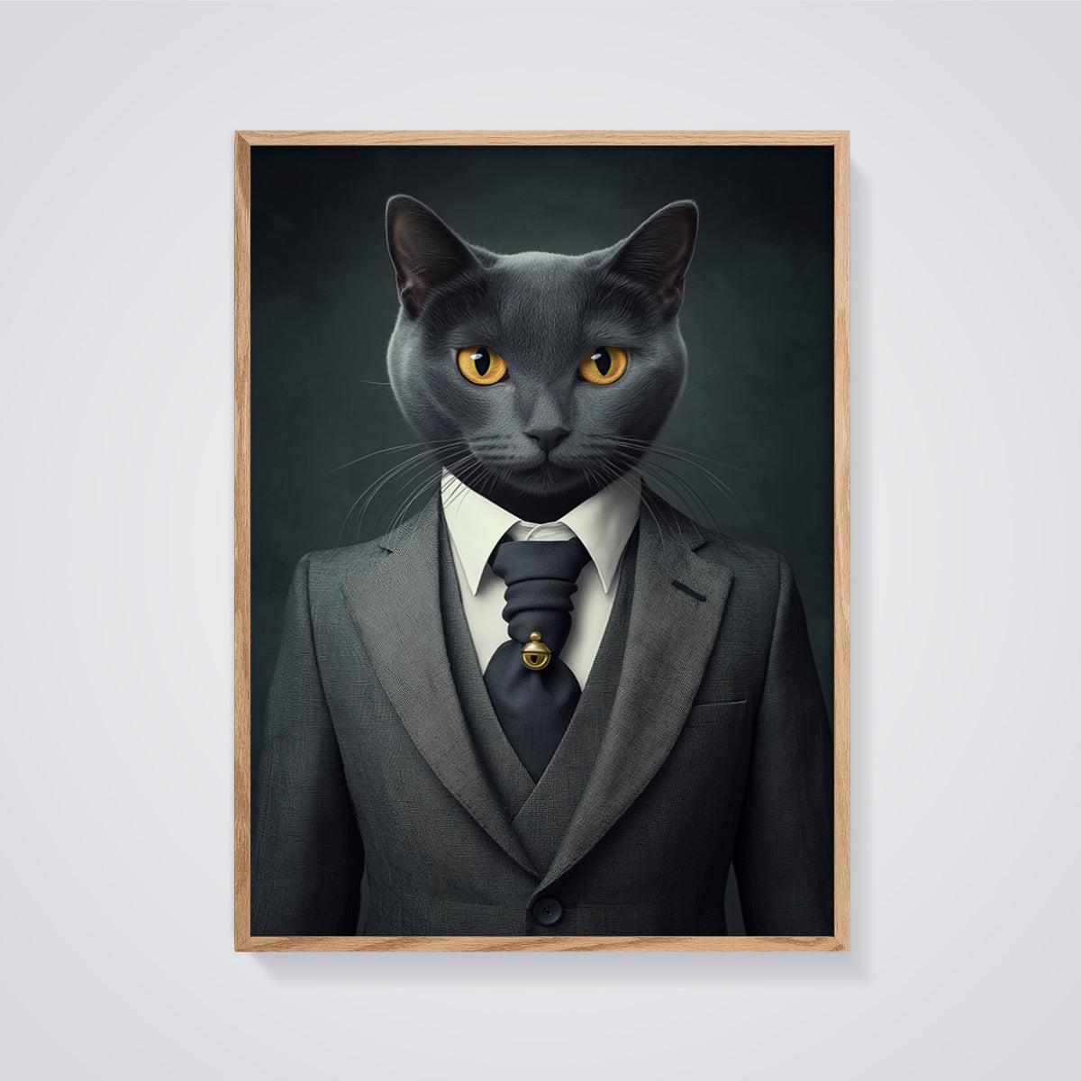 Dapper Black Cat Suit Print framed in oak on a grey background