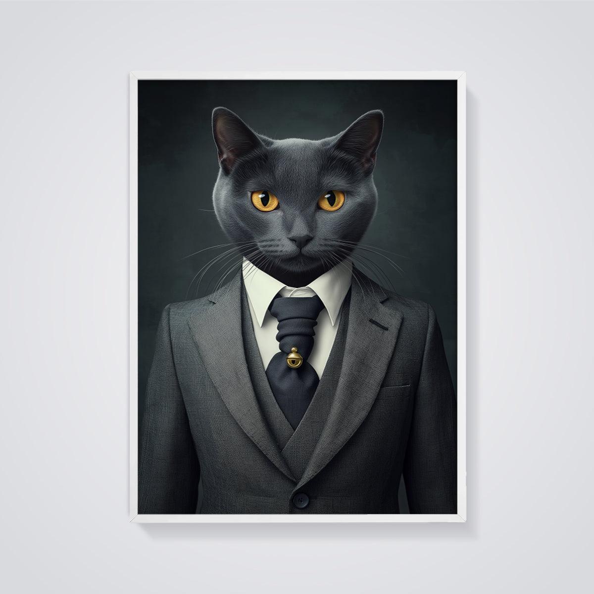 Dapper Black Cat Suit Print framed in white on a grey background