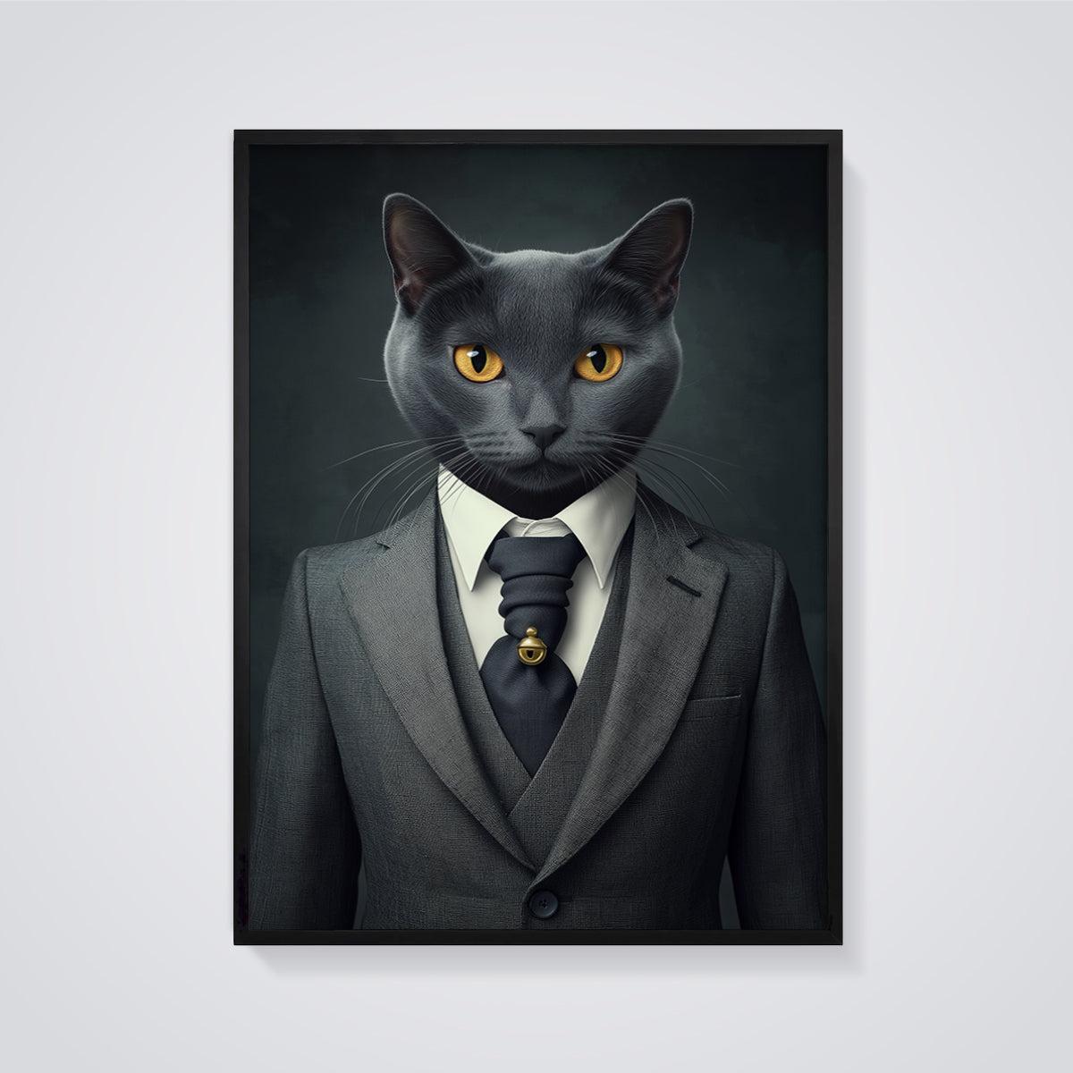 Dapper Black Cat Suit Print framed in black on a grey background