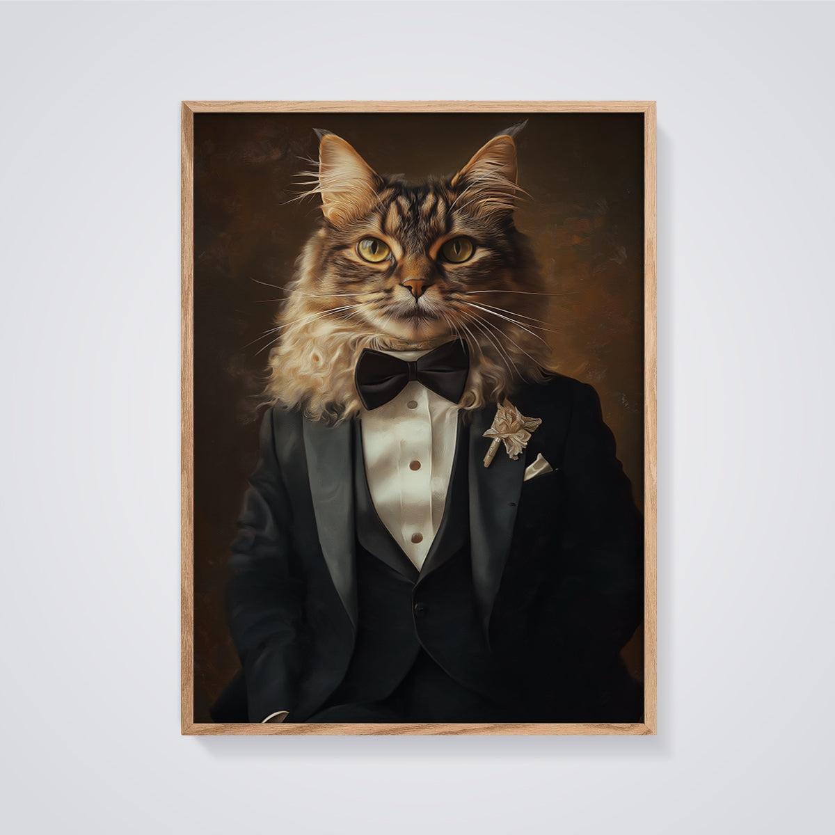 Dapper Cat Gentleman Print framed in oak on a grey background