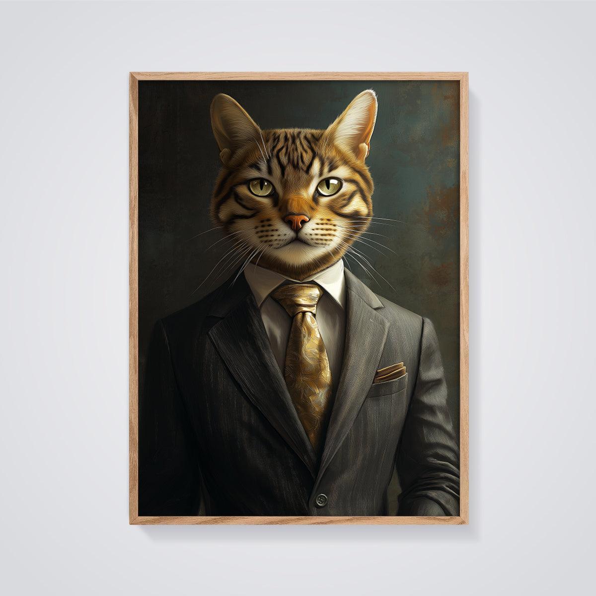 Dapper Cat Portrait Print framed in oak on a grey background