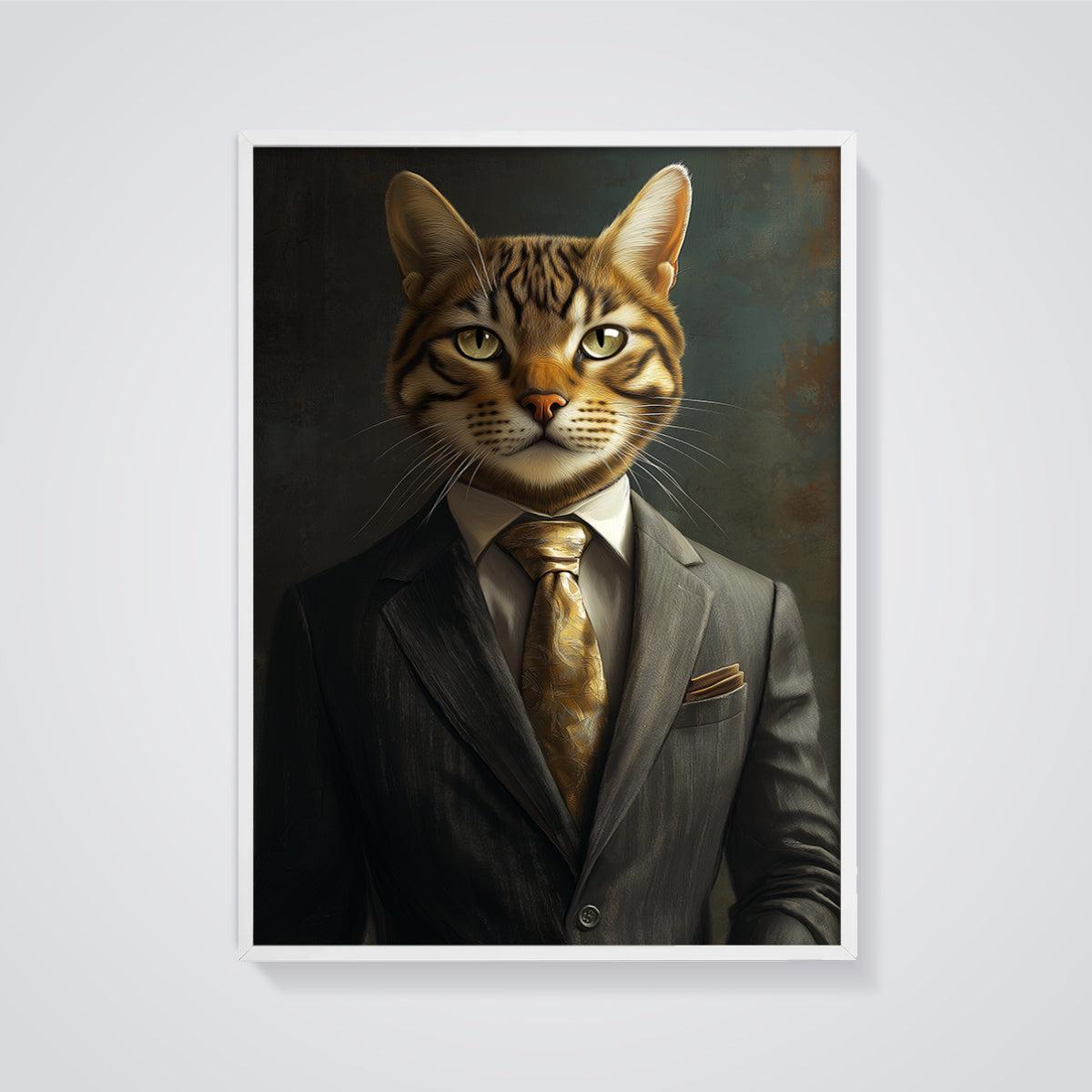 Dapper Cat Portrait Print framed in white on a grey background