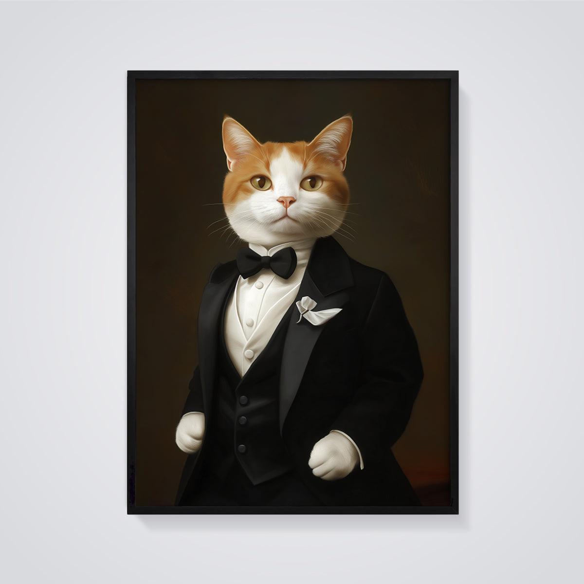Dapper Cat Tuxedo Print framed in black on a grey background