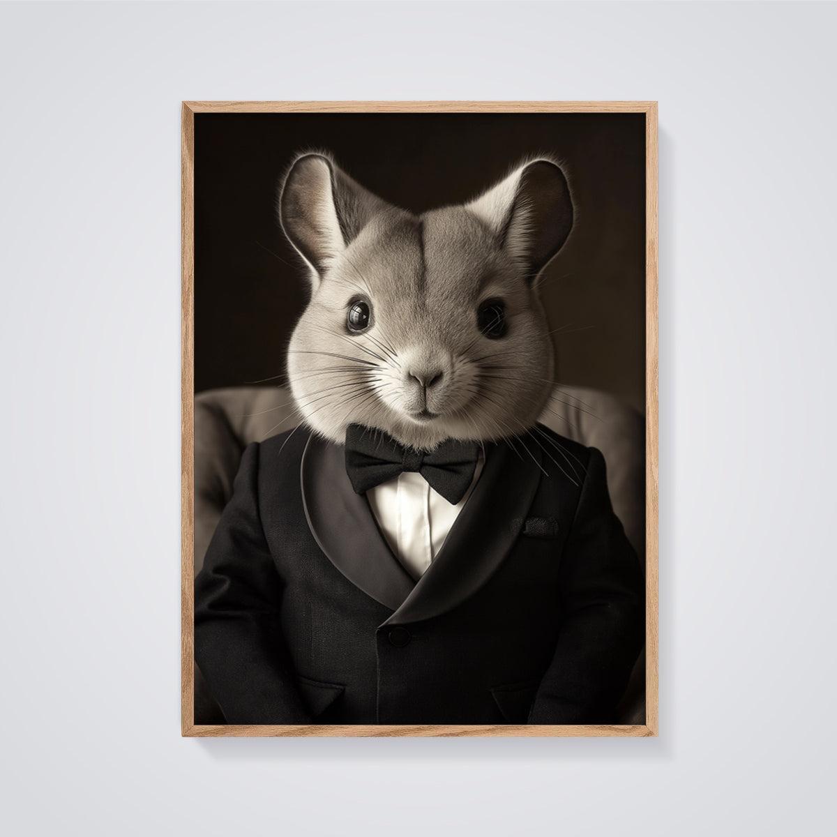 Dapper Chinchilla Tuxedo Print framed in oak on a grey background