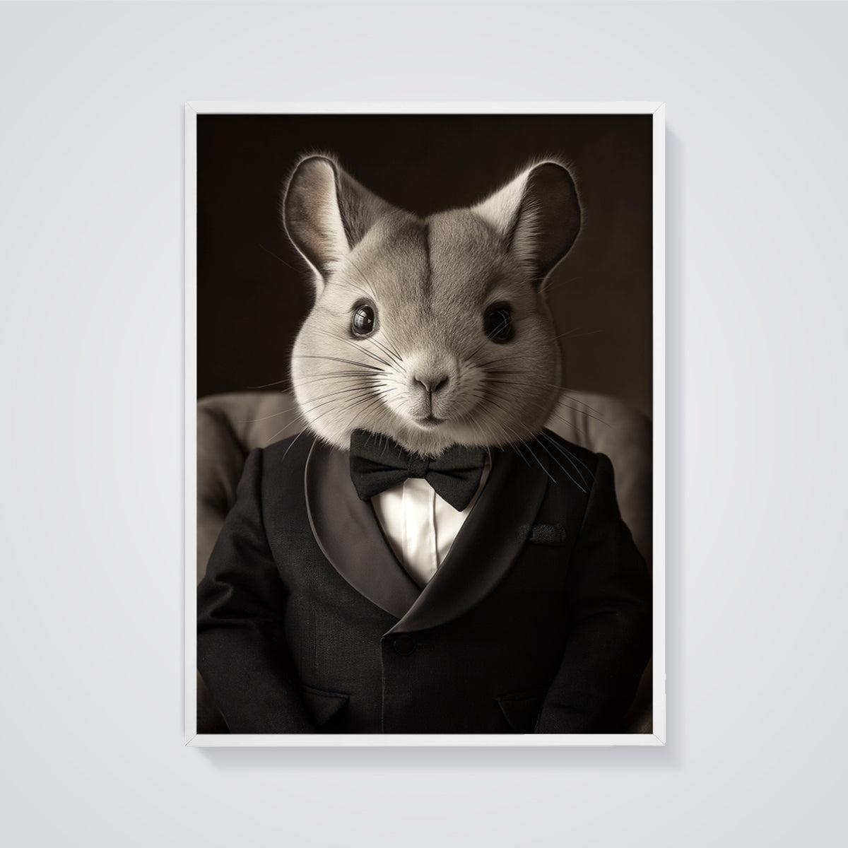 Dapper Chinchilla Tuxedo Print framed in white on a grey background