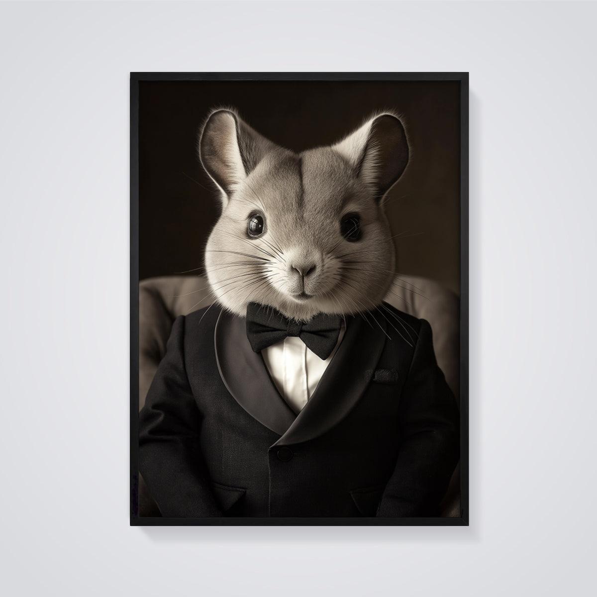 Dapper Chinchilla Tuxedo Print framed in black on a grey background