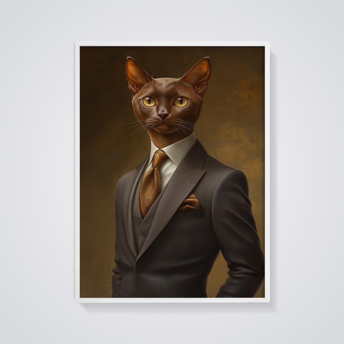 Dapper Gentleman Cat Print framed in white on a grey background
