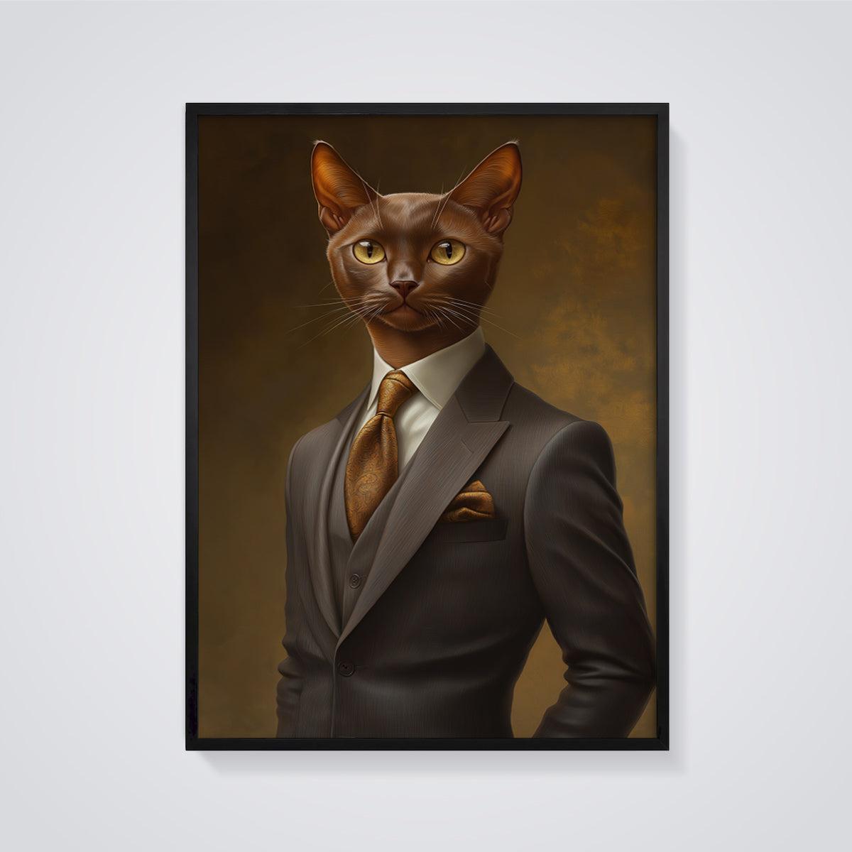 Dapper Gentleman Cat Print framed in black on a grey background