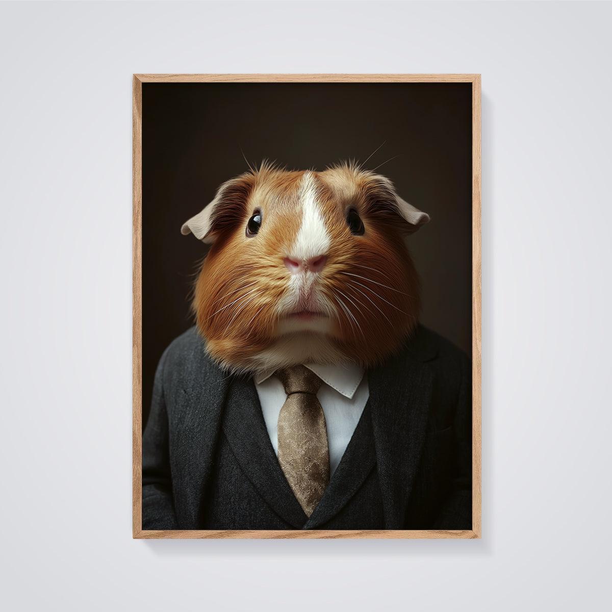 Dapper Guinea Pig Print framed in oak on a grey background