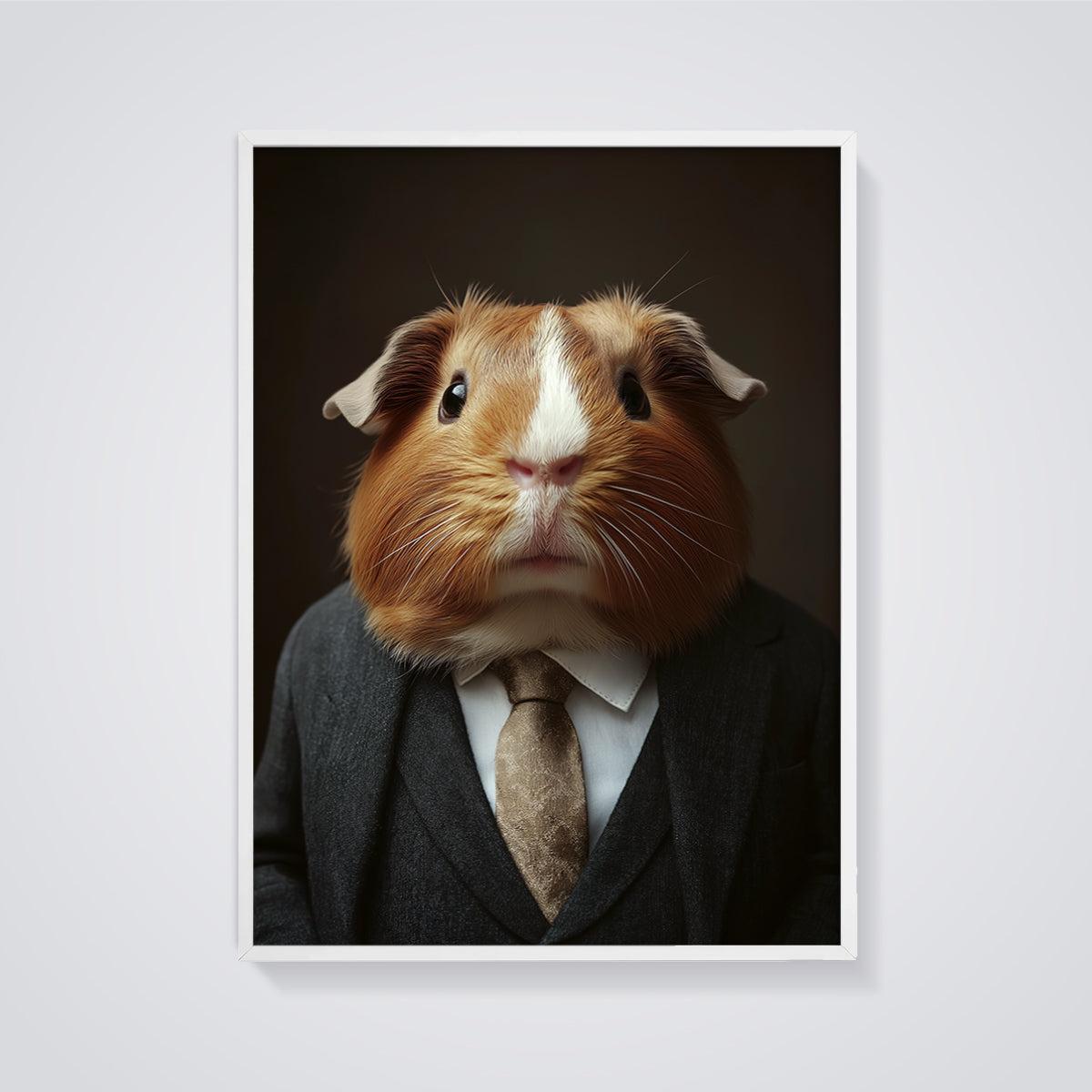 Dapper Guinea Pig Print framed in white on a grey background